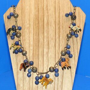 Vintage Chunky Charm Animal Necklace Handmade Carved Wood Tiger Zebra Bull Deer